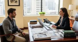 Un hombre en una reunión con su abogado tras un accidente con un vehículo autónomo